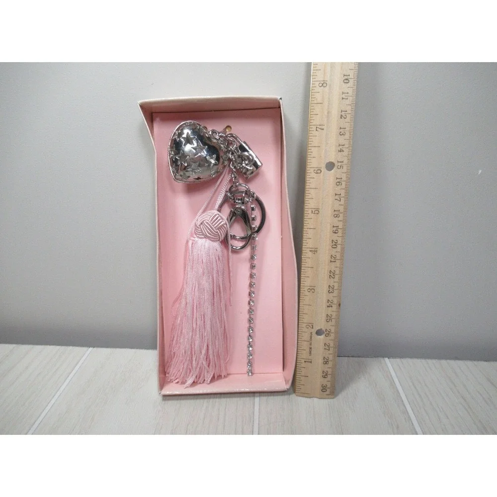 Ulta cosmetics Silver tone pink tassel heart lock gems charms keychain bag clip